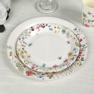 72 Pcs Paper Plates and Cups Set in White with Wildflower Butterfly Print - Disposable Party Supplies for Birthdays, Weddings & Events